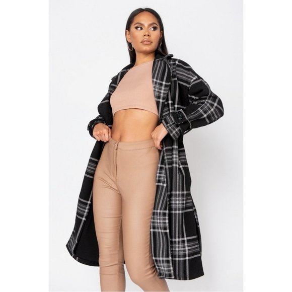 Black Plaid Check Wool Blend Long Sleeve Belted Lapel Collared Trench Coat - Picture 8 of 11